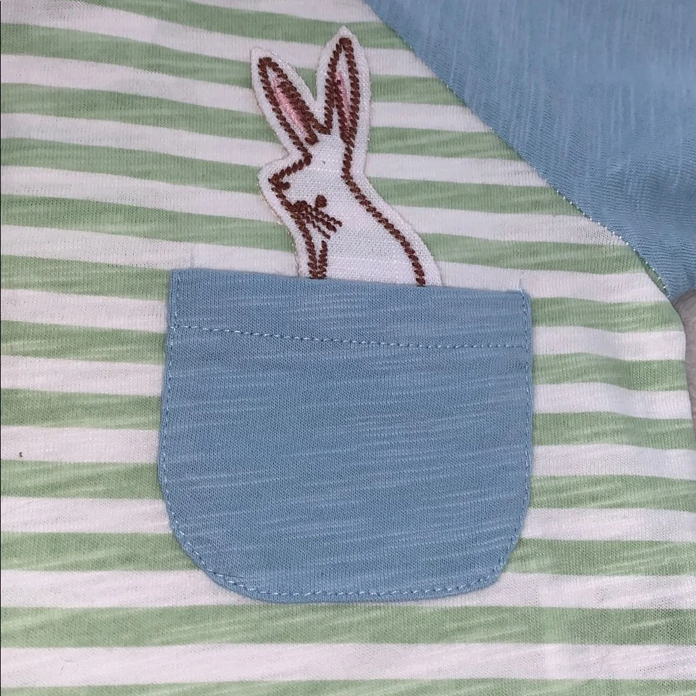 NWT Mudpie Green Stripe Easter Baby Shortall 9-12M Bunny Romper